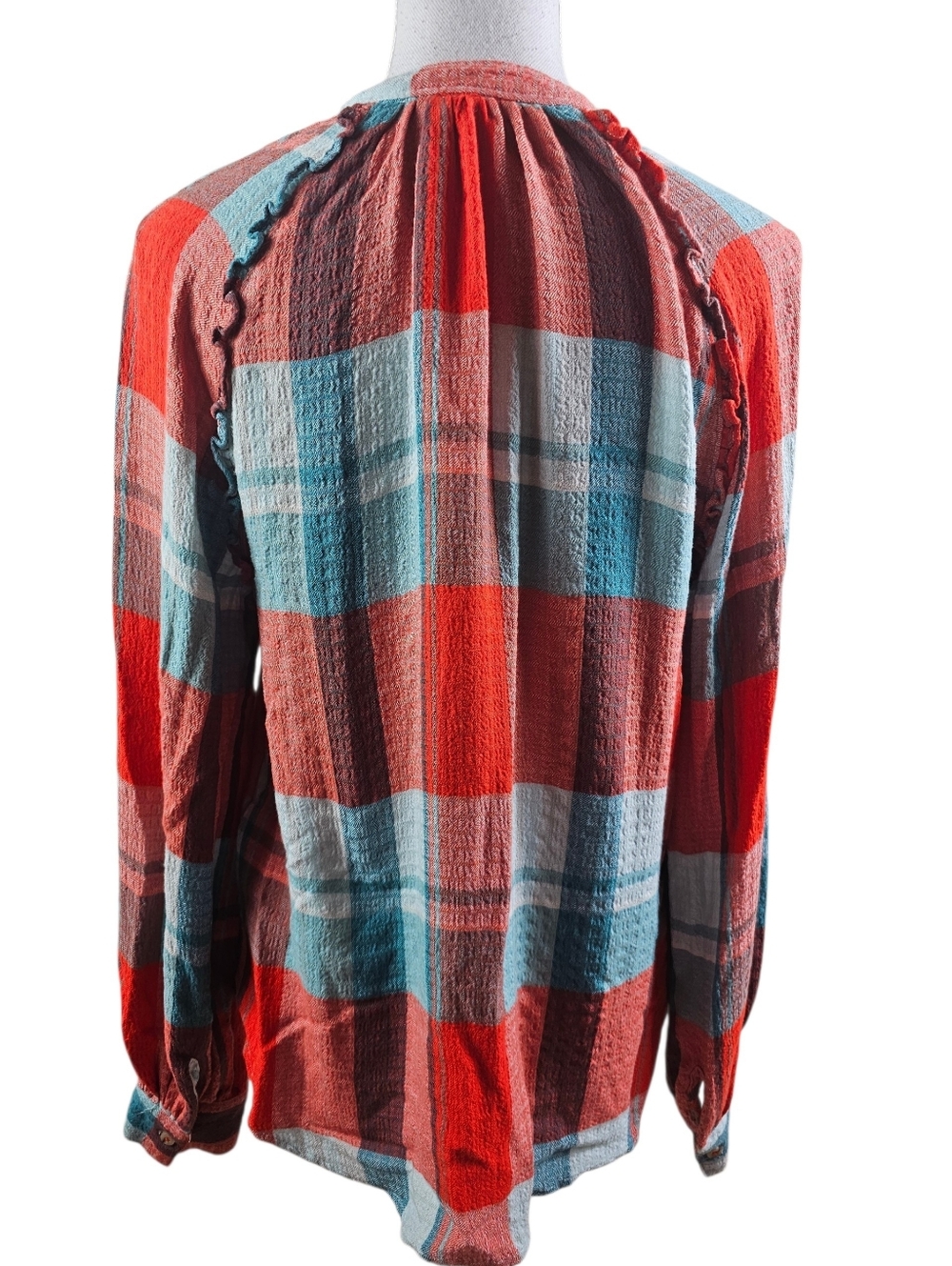 Pilcro Anthropologie Breezy Teal Blue And Red Buffalo Plaid Button Down Shirt S - Picture 5 of 8